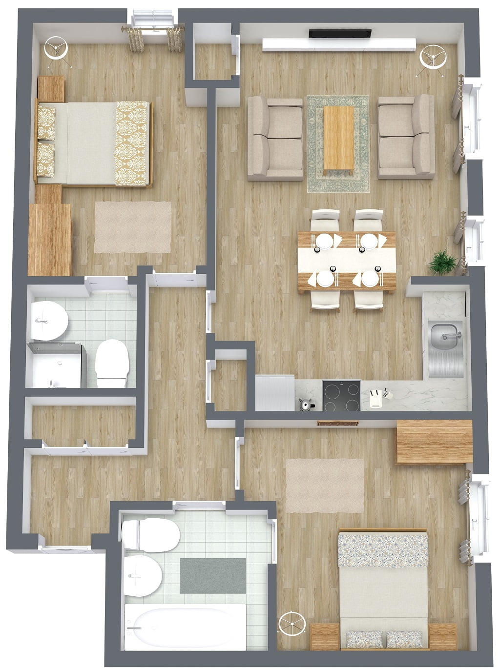 Stockton 2 Bed Apartment - 3D Floor Plan